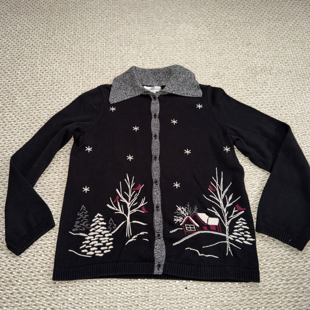Women's Cotton Cardigan Sweater, Cardinal, Bird,‎ Country, Christmas Vintage SM